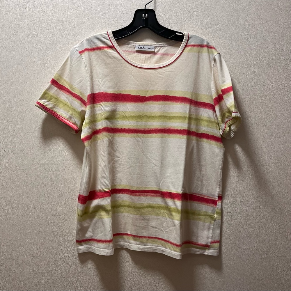 JOY Coastal Casual Short Sleeve Chic Staple T-Shirt, Sz 36-38, Cream/Pink/Green